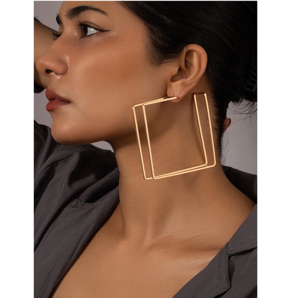 Gold Tone Squared Hoop Earrings Large Square Geometric Shape Metal Iron Yellow - Picture 5 of 5